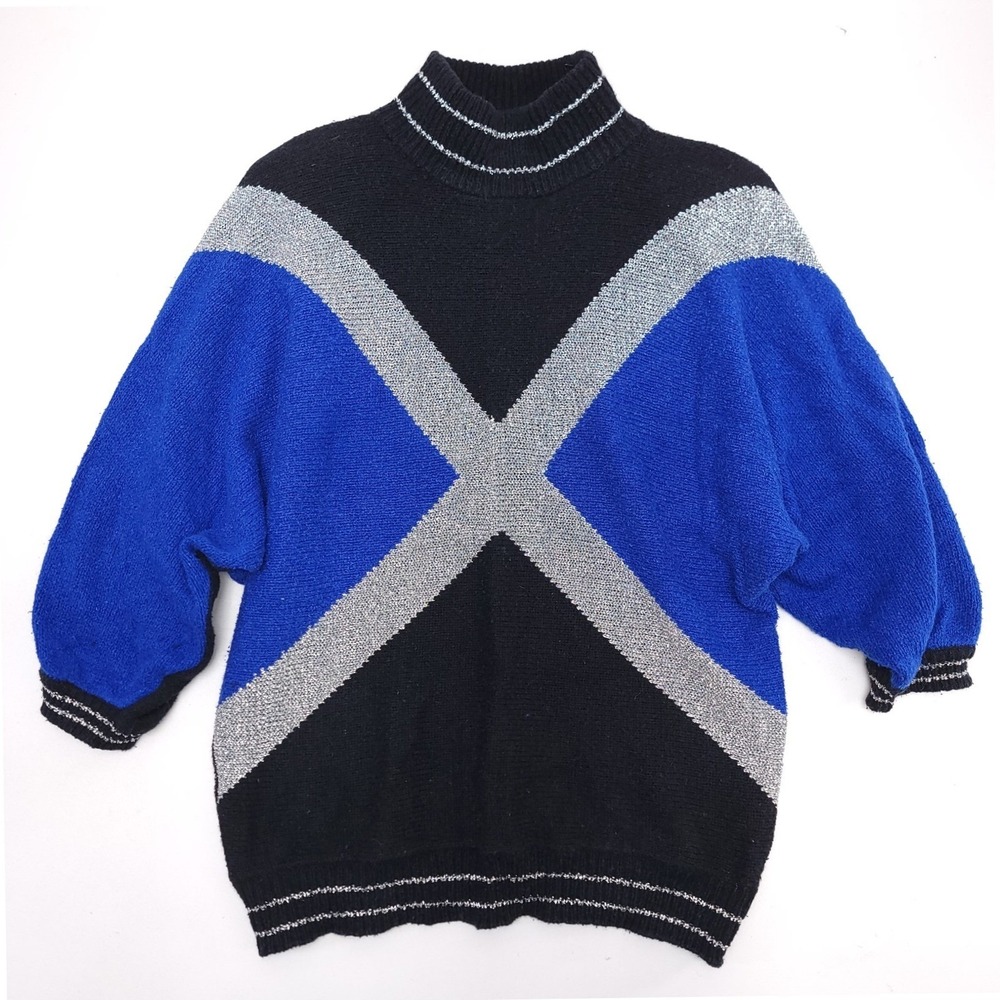 Vintage 80s Geometric Knit Sweater Mock Neck Dolman Sleeve Blue Black Silver